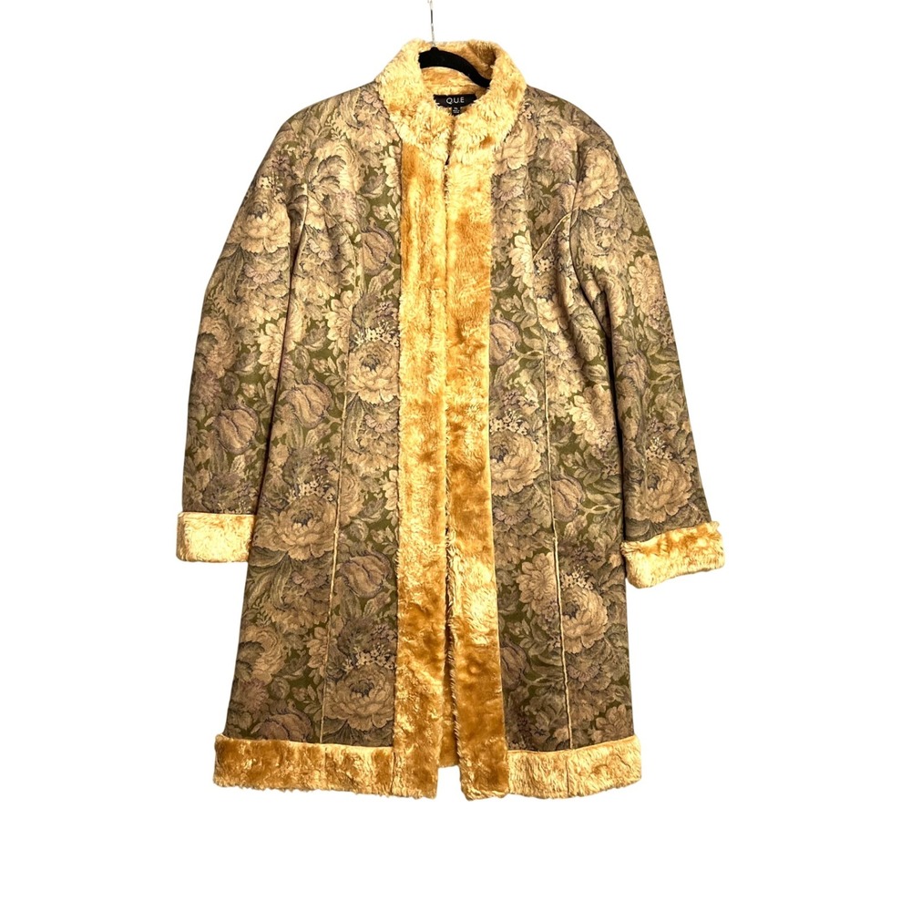 Q.U.E Faux Fur Lined Coat Size XL Floral Tapestry Penny‎ Lane Boho Shaggy